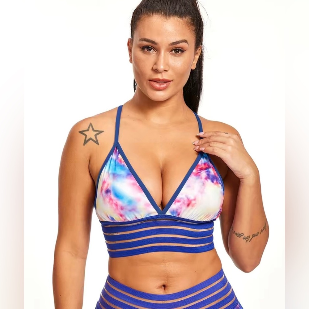 COPY - 💙 MFF Ombre V Neck Sports Bra, Spaghetti Straps Contrast Mesh Mid-Stretc…